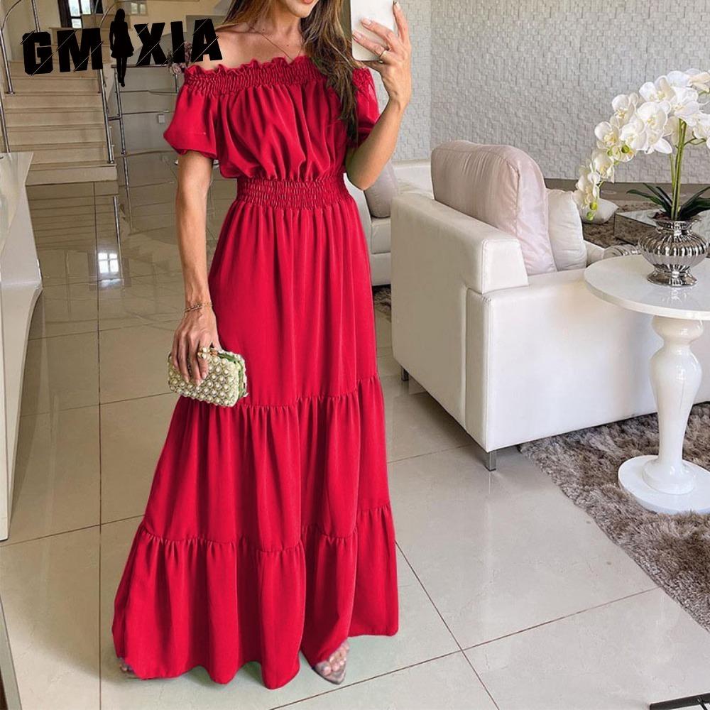 GMXIA Długa sukienka z odkrytymi plecami i elastyczną talią Popularny styl bohemy z odkrytymi ramionami