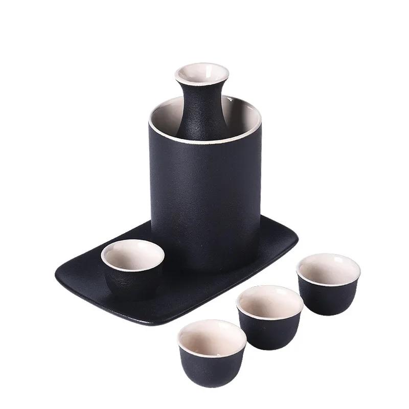 Vintage Ceramic Sake Pot Cups Set Traditional Durable Crafts Gift Groove Design Creative for Cupboard Cabinet Drawer Home