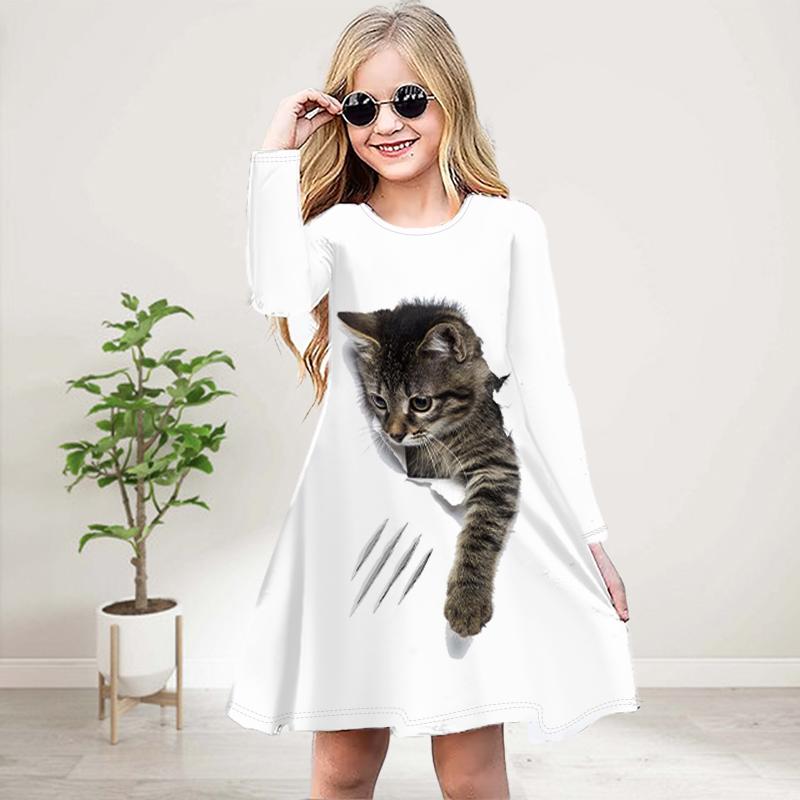 

Повседневное платье для девочек с 3D-принтом, черная кошка, круглый вырез, длинный рукав, детское платье принцессы 130 серый