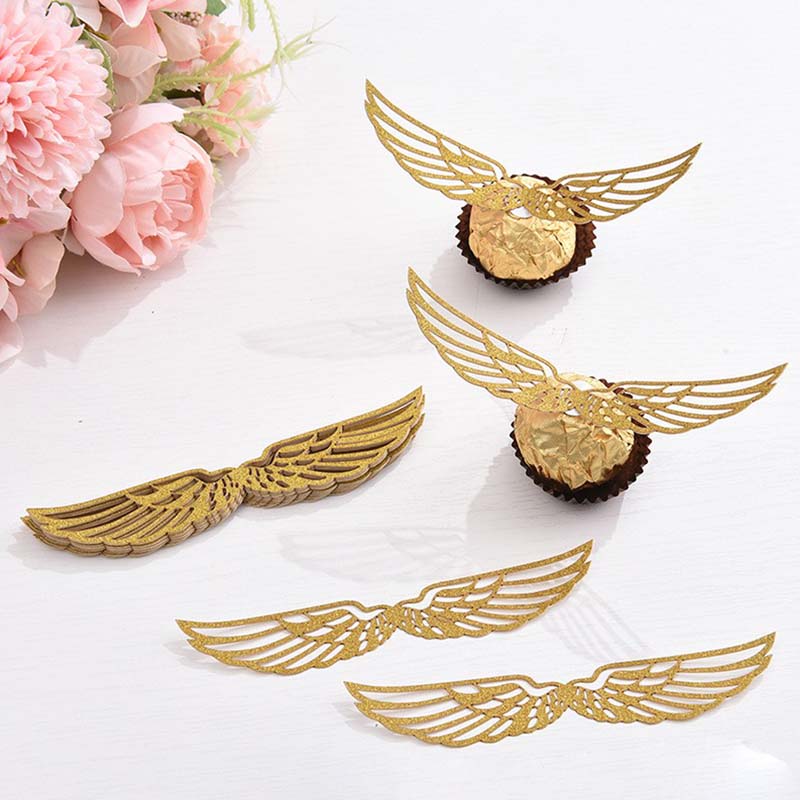 50Pcs Gold Wings Chocolate Cake Party Decoration Wizard Topper Hollowed Wing Cupcake Toppers Snitch Wedding Decor Candy