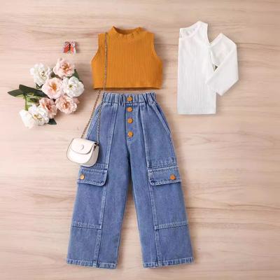 Girls' Fashion Set: Summer Children's Casual Solid-color Sleeveless Pullovers and Denim Trousers Two-piece Set