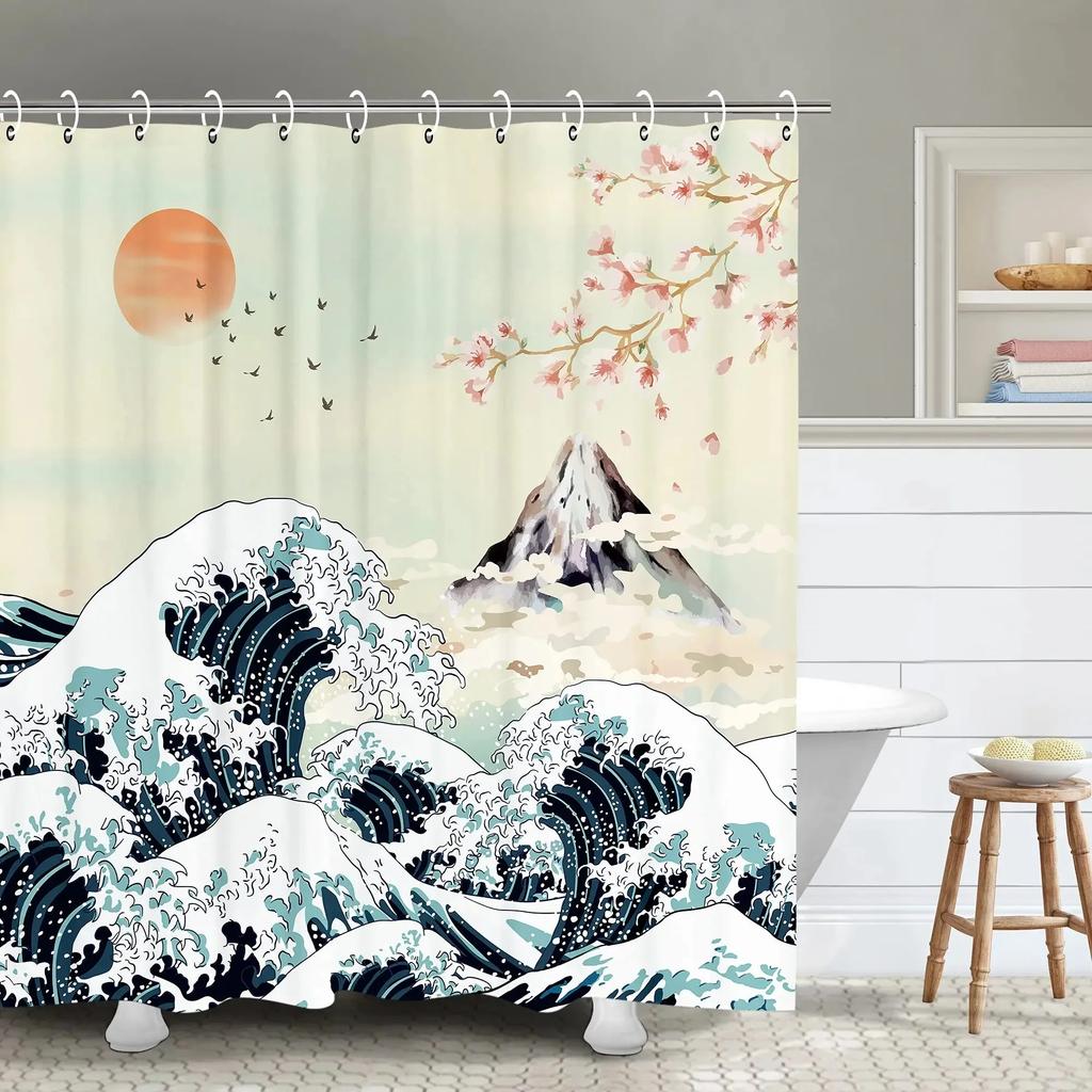 Japanese Style Shower Curtain Koi Fish Cherry Blossom Sun Sea Wave Octopus Landscape Polyester Fabric Curtains Bathroom Decor