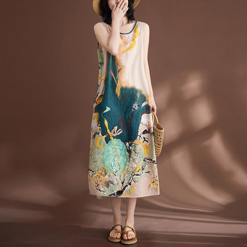Sukienka Plus Size dla kobiet Bambusowa bawełniana lniana styl wiejski Świeże pozycjonowanie Sukienki z kamizelką w kwiaty