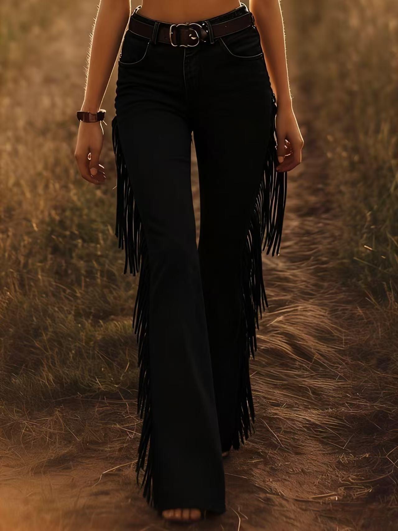 

Black High-Waist Flare Pants with Side Fringe Details XXL чорний