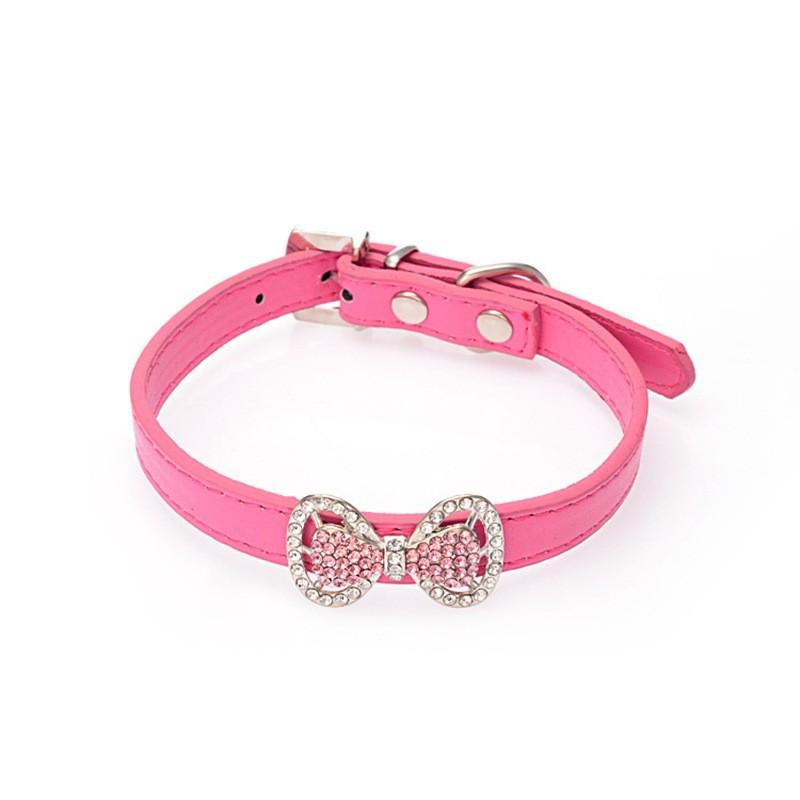 Small Dog Collar Bling Rhinestone Bow PU Leather Pet Necklace Poodle Pomeranian