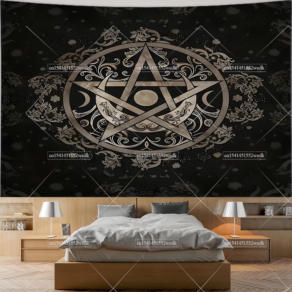 Hippie Pentagram Wiccan Wall Tapestry Moon Celtic Altar Cloth Occult Witchcraft Tapestry Aesthetic Tarot Divination Tapestries