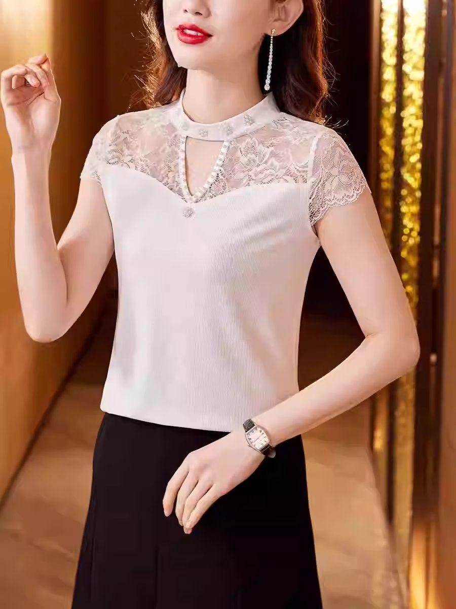 

Женская блузка с кружевной вставкой, коротким рукавом и высоким воротником - Модная приталенная модель на лето 2025 года 3XL белый