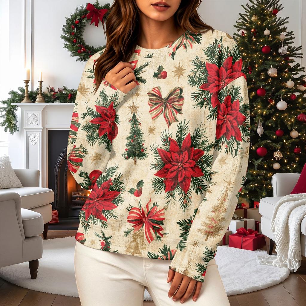 Women's Casual Long Sleeve Christmas Print Neck Pullover Sweatshirt
