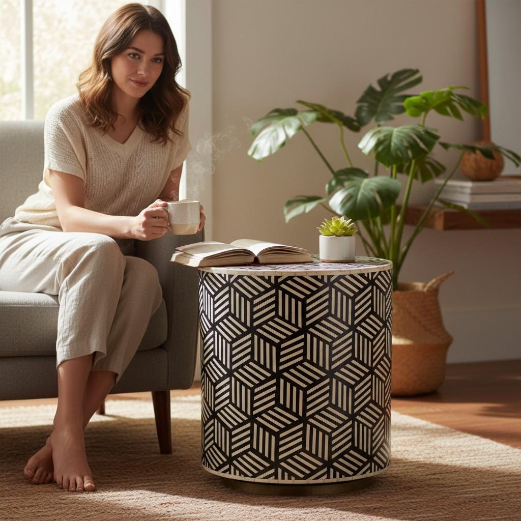 Wood Bone Inlay Drum Side Table, Bone Coffee Table Modern Patterned Cylinder Decor Table | Modern Cube Pattern Side Table | Central Table