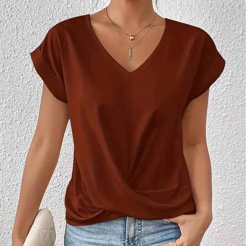 Women's Solid Color V-neck T-shirt Elegant Short-sleeved Blouse Spring and Summer Casual Women's Clothing