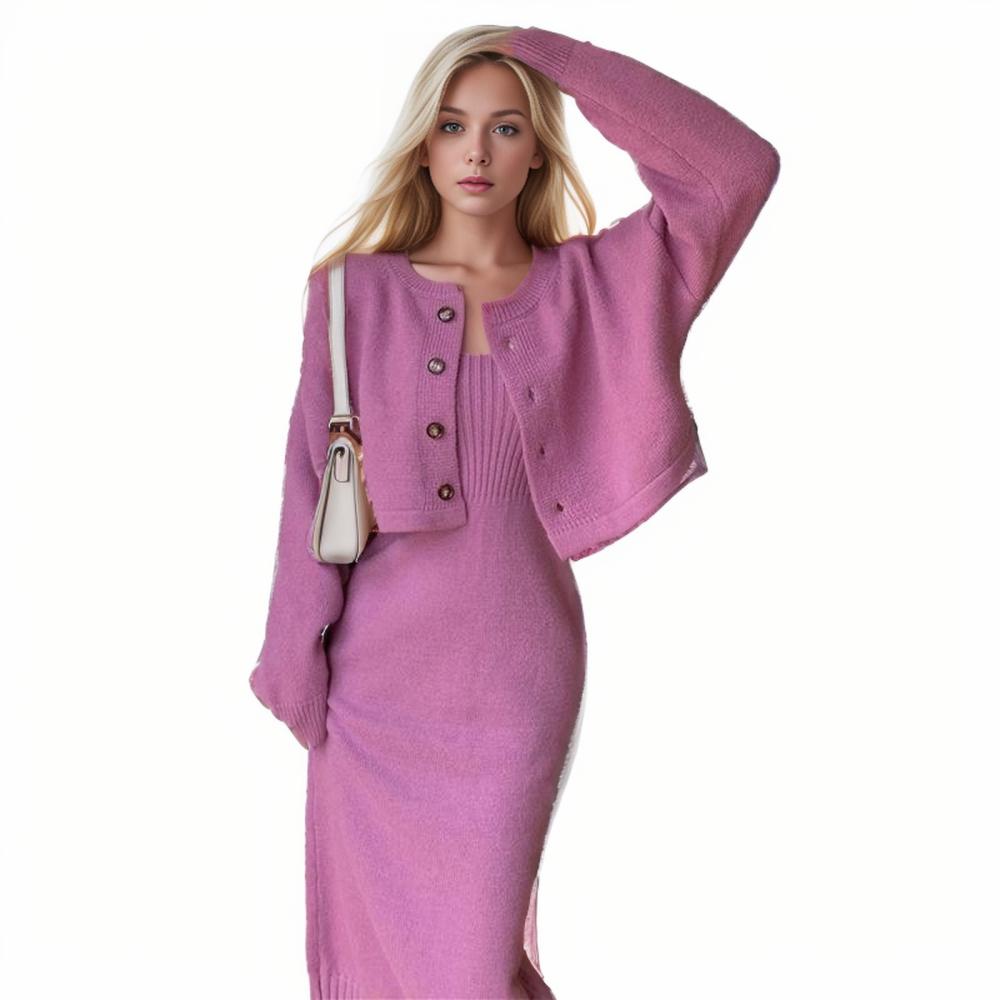 DIMANAF 2024 Otoño Conjunto de Dos Piezas Suéter Vestido Rojo Mujer Punto Liso Moda Estilo Casual Suéter Holgado