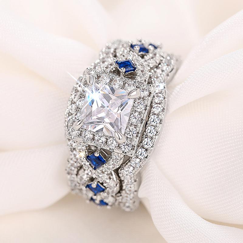 

Huitan 3Pcs Set Rings Luxury Wedding Accessories Princess White/Blue CZ New Fashion Female Accessories Engagement Party Zircon 6