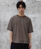 AGOD Roll-Up Snap Henley Neck Striped Half T-Shirt [Brown]