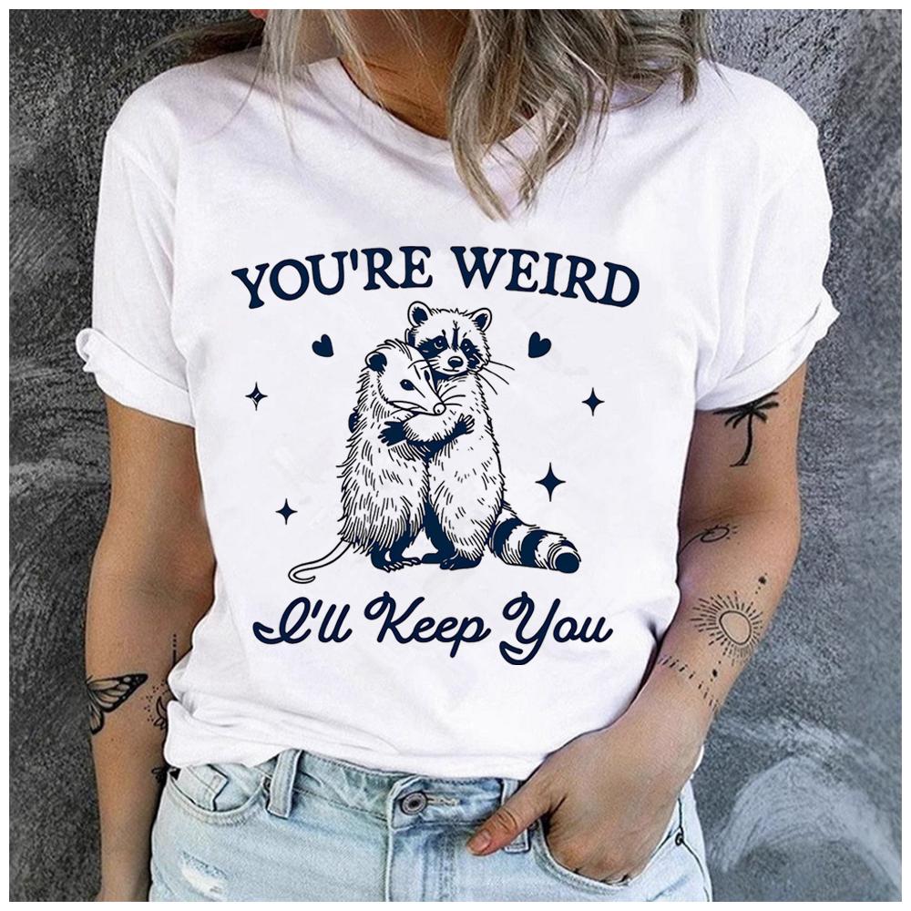 Unisex 100% Polyester T-Shirt with Possum And Otter Hug Print Loose Round Neck Short Sleeve Casual Fashion Summer Top