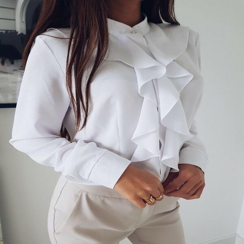 Elegant Womens Ruffle Summer Long Sleeve Solid Plain Blouse Shirt For Office Wear