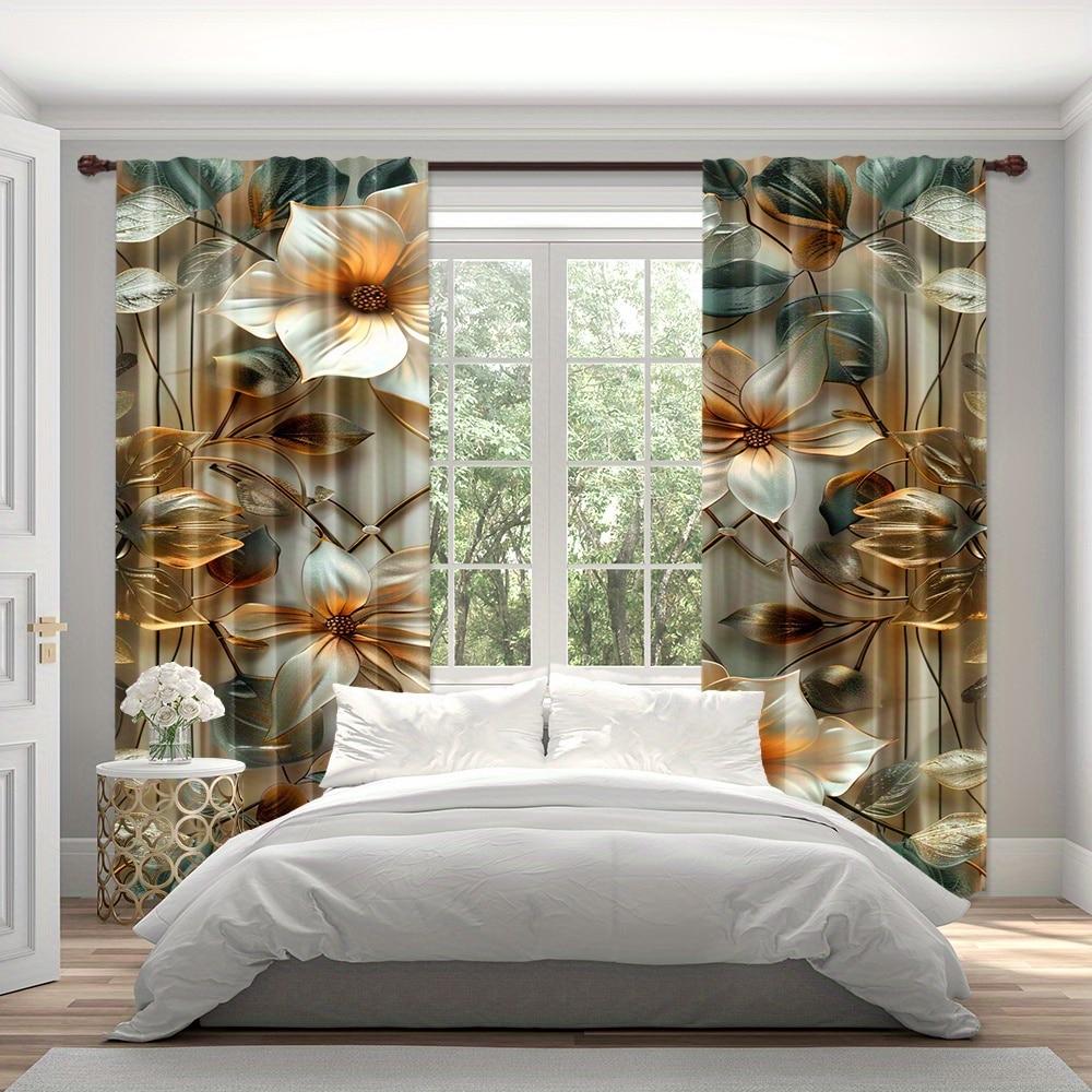 2PCS Pearl Leaf Printed Curtains, Pole Bag Polyester Material Design, Bedroom, Home Decoration