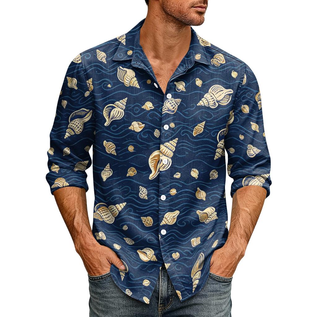 Men's Loose Fit Long Sleeve Shirt Hawaiian Style Retro Casual Button Down Shirt with Spread Collar Suitable for Spring and Autumn