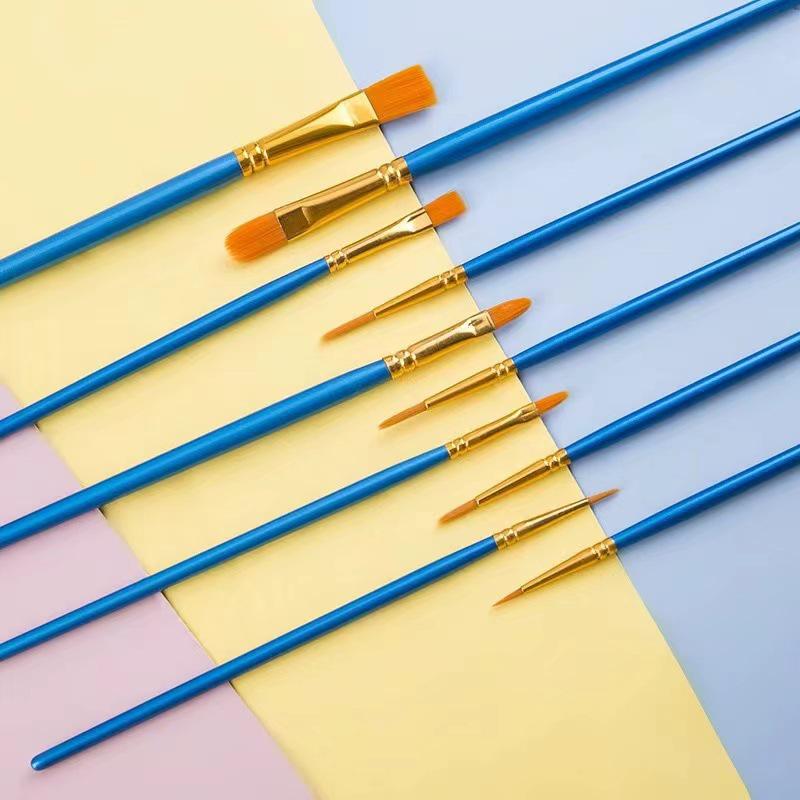 Set of 10 Nylon Bristle Oil Painting and Acrylic Liner Brushes with Plastic Handles