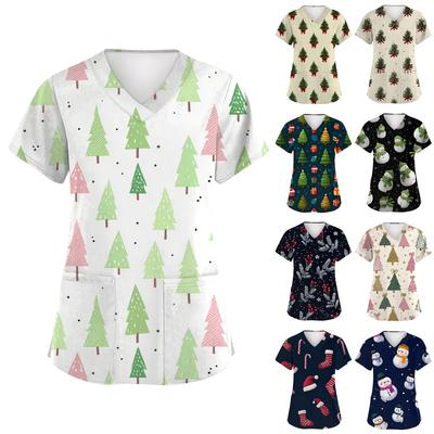 Women's Fashion Short Sleeve Christmas Print V-Neck Pocket Workwear Tops