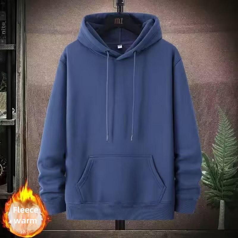 Men's Korean-Style Thick Hooded Sweatshirt - Large, Loose Fit, Velvet-Lined, Solid Color for Fall/Winter