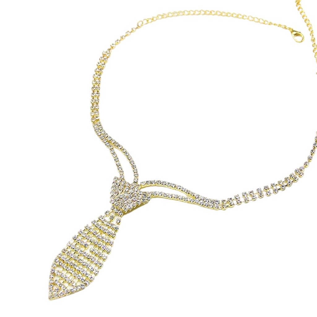 Sparkly Rhinestones Necklace Short Tie Gothic Choker Crystal Metal Chain Necktie for Women Wedding Jewelry Neckwear