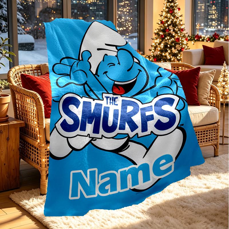 Custom Name Personalized Blue Smurfs Print Blanket, Home Decor, Bedroom, Sofa, Camping, Couch, Gifts for Birthday Christmas
