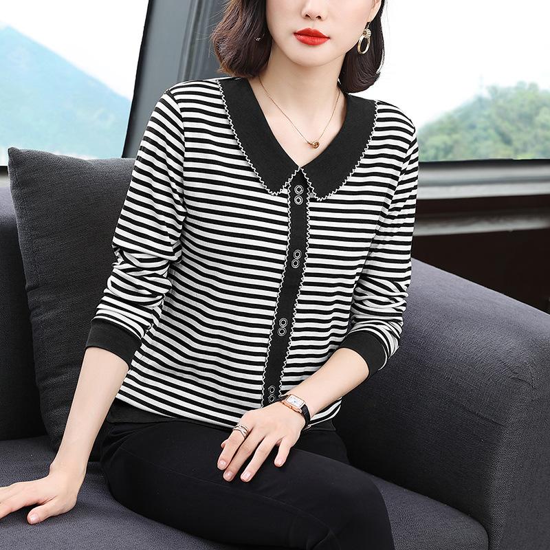 

Осенний топ для женщин среднего возраста, модная футболка с длинными рукавами, женская полосатая базовая рубашка в западном стиле, футболки женские XXXXL чёрный