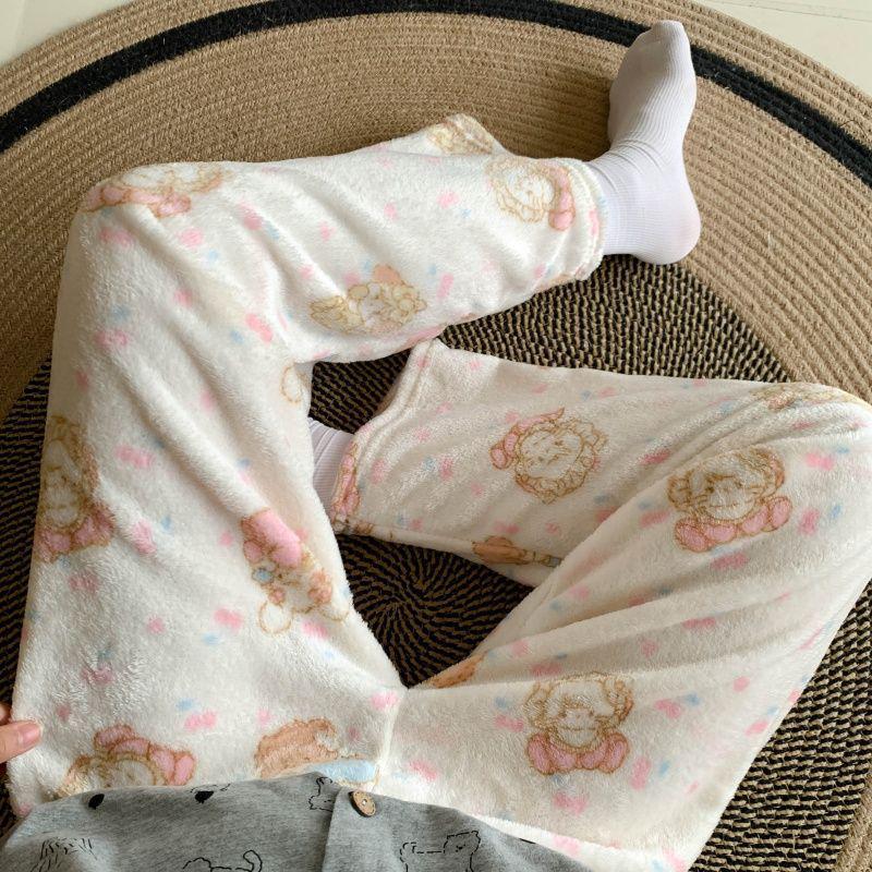 Korean Style Women's Fleece Pajama Pants - Flannel Cartoon Design for Autumn and Winter