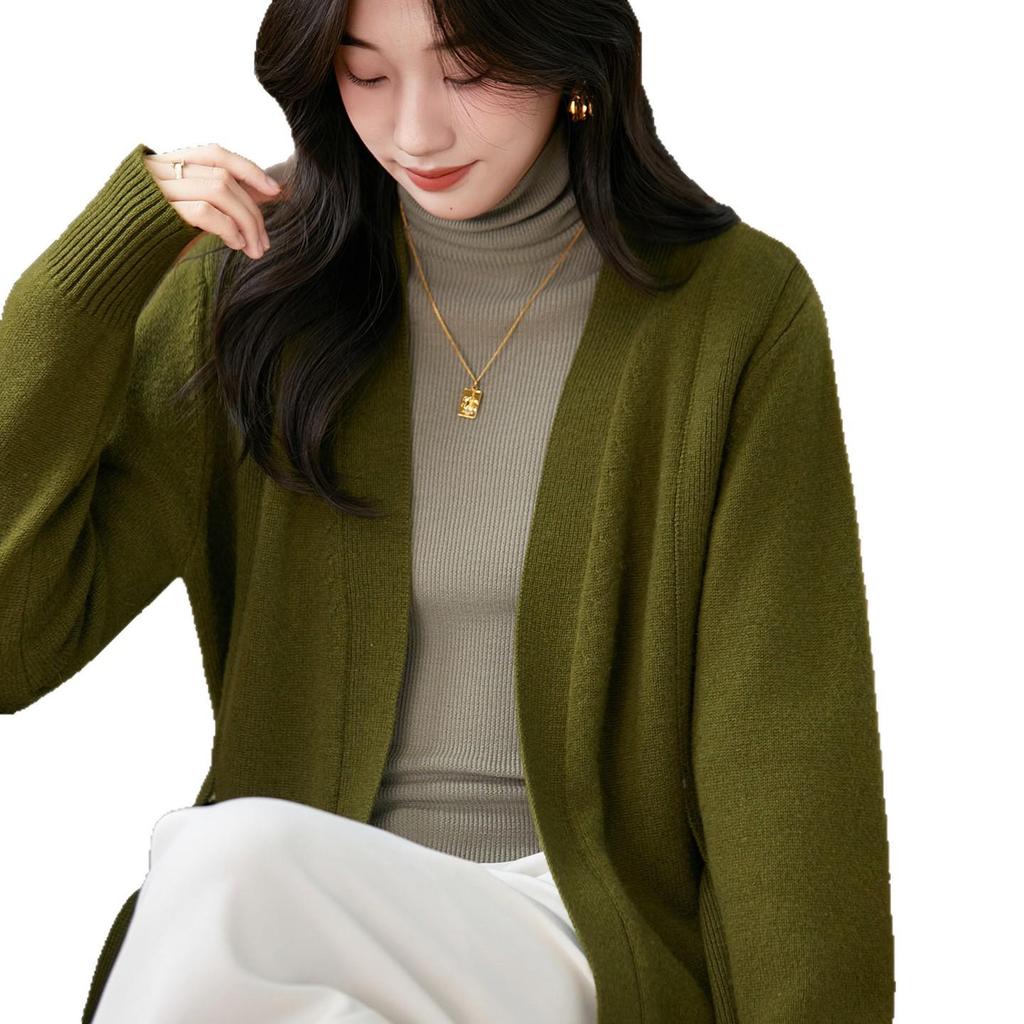 New Women's Versatile Pure Wool Cardigan - Loose, Long Sleeve, No Buttons, With Pockets, Trendy Outerwear Sweater Coat.