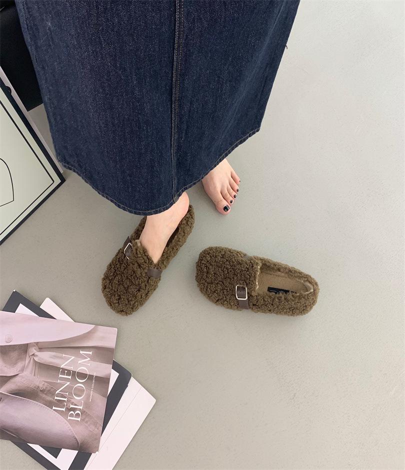 Thick-soled Wool Shoes for Women's Autumn and Winter Wear 2025 New Korean Version of Lamb Wool Piled Thermal Cotton Ladyshoes Are Versatile