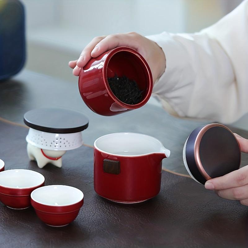 1 Set Reise Tee-Set Porzellan Tee-Set Kungfu Tee-Sets Mit 1 Teekanne (mit Sieb) 4 Teetassen Teekanister Aufbewahrungstasche Alles in einem Geschenk für Picknick O