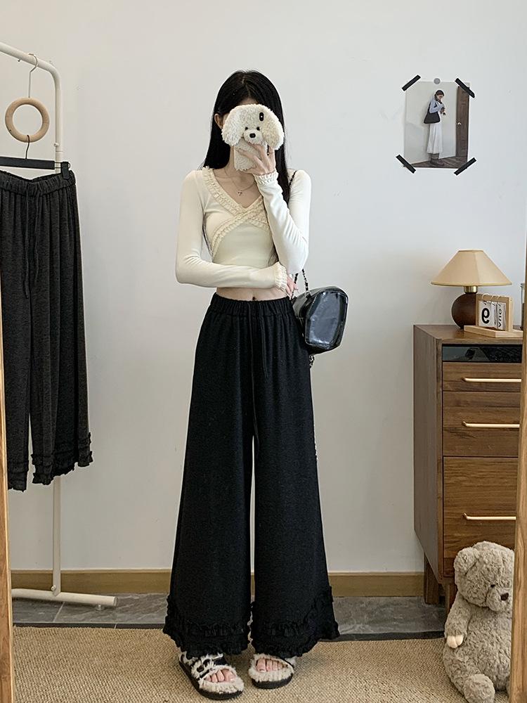Plus Size Women s Ruffle Edge Elastic Waist Wide-Leg Cropped Pants 2XL