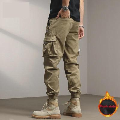 Men's Retro Velvet Functional Cargo Pants - Loose-Fit, Thick, Straight-Leg, Multi-Pocket, Ideal for Autumn and Winter.