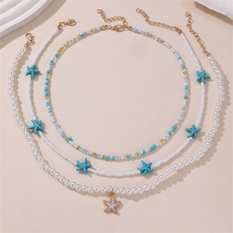 Bohemian Multilayer Rice Bead Chain Clavicle Necklace Vintage Acrylic Turtle Starfish Shell Pendant Choker Women'S Beach Jewelry