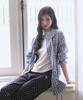 THE GREEN LAB Lovely Collar Check Frill Long Top [Blue]