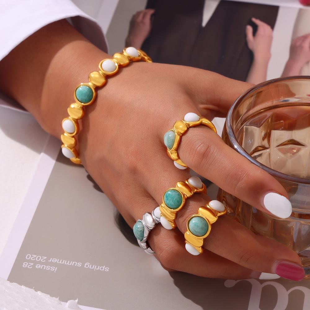 Retro Oval Stone Open Bangle & Gold-Plated Titanium Steel Earring Set for Women