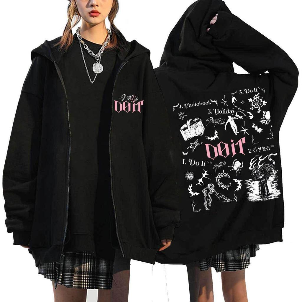Sudadera con capucha estampada suelta con cremallera Harajuku de Stray Kids En stock