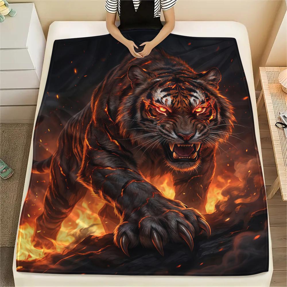 Flame Tiger Horse Dog Death Print Flannel Blanket,High Quality Comfortable for All Seasons,Home Decor,Warmth and Comfort,Perfect for Christmas Gifts