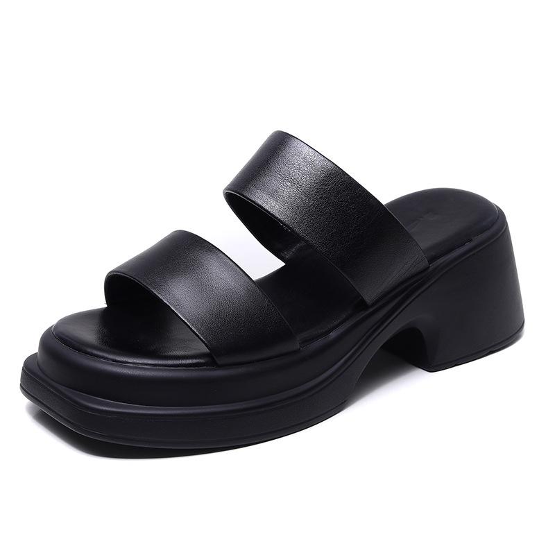 Mode GKTINOO 2025 Prägnante Damen-Slipper Sommer-Sandalen Einfarbig Echtes Leder Offene Zehen Dicker Hoher Absatz Moderne Slipper Schwarz
