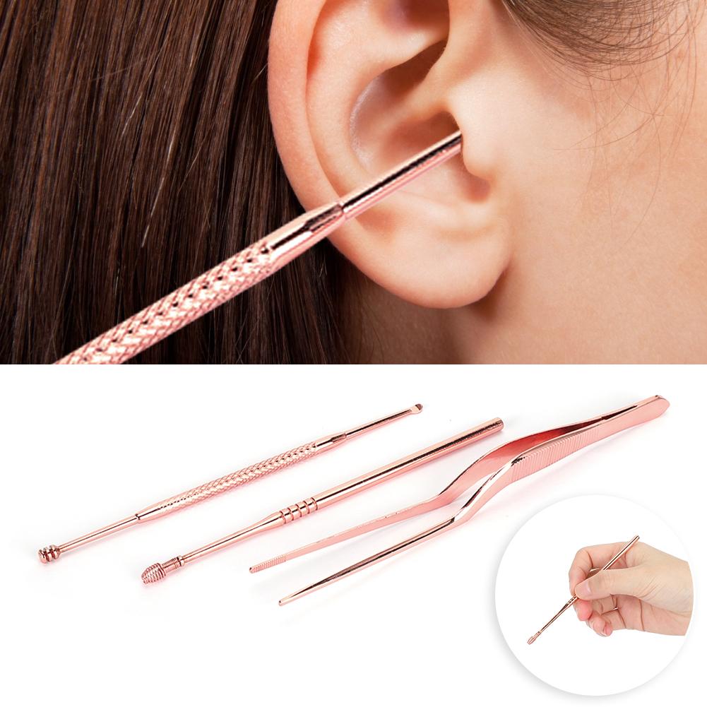 3pcs Stainless Steel Ear Pick Double Head Ear Wax Remover Curette Tweezers Set (Rose Gold)