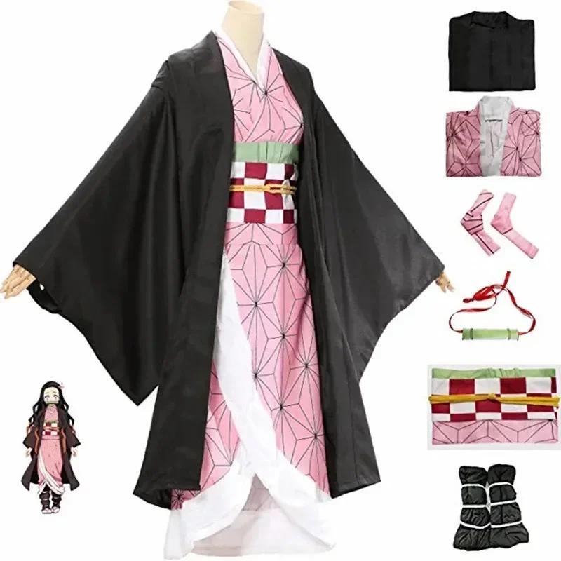 Anime Nezuko Cosplay Kamado Nezuko Cosplay Kostuum Nezuko Pruik Uniform met Accessoires voor Volwassenen Kinderen Halloween Carnaval Kostuums S