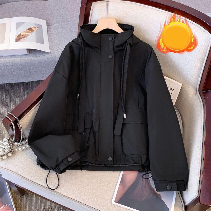 Giacca Corta con Cappuccio Donna Primavera Autunno Ispessita Lady Larga Sottile Giacca da Lavoro Top Monocolore Casual Studente Zip Capospalla