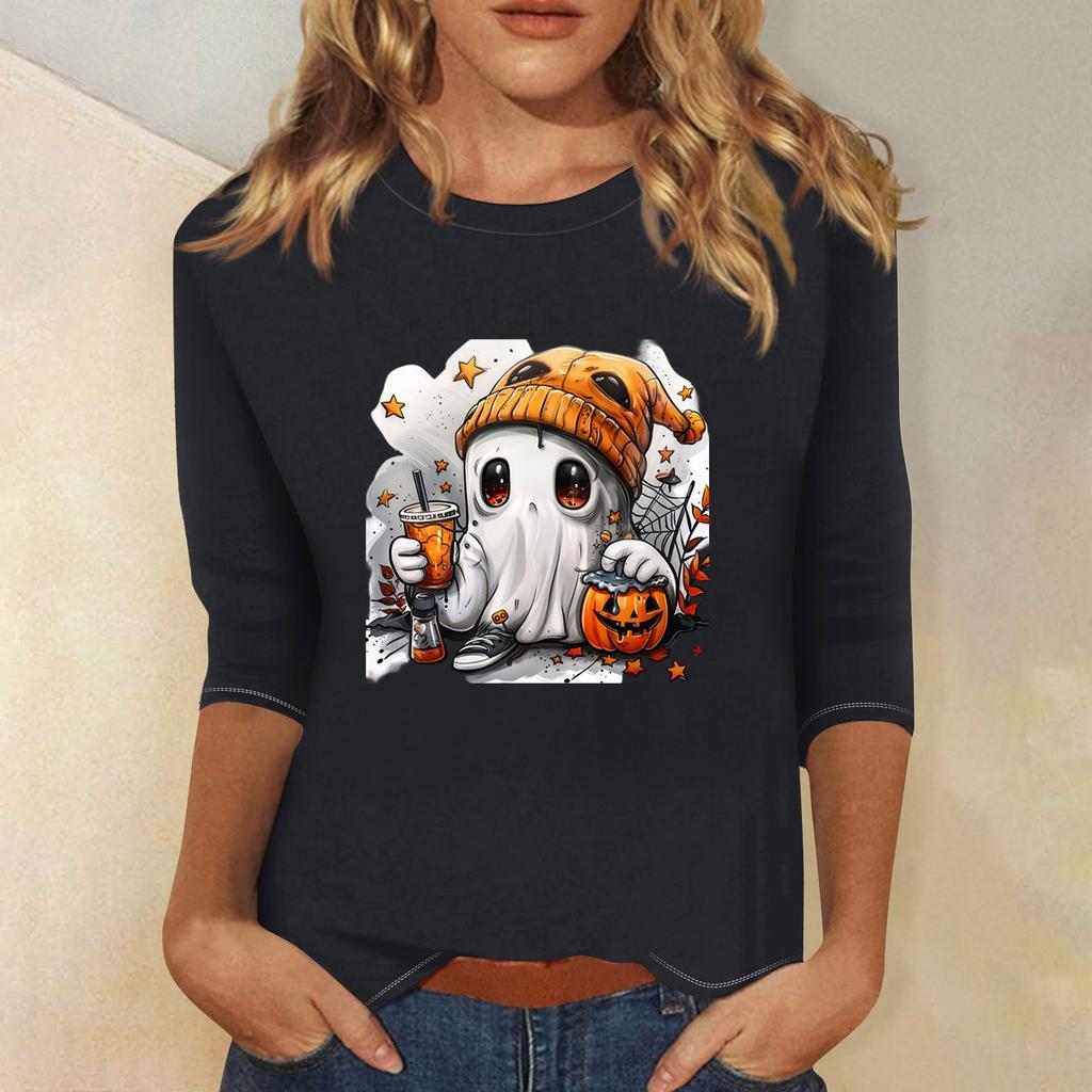 Women's Fashion Casual Three-quarter Sleeve Halloween Printed Round Neck Top