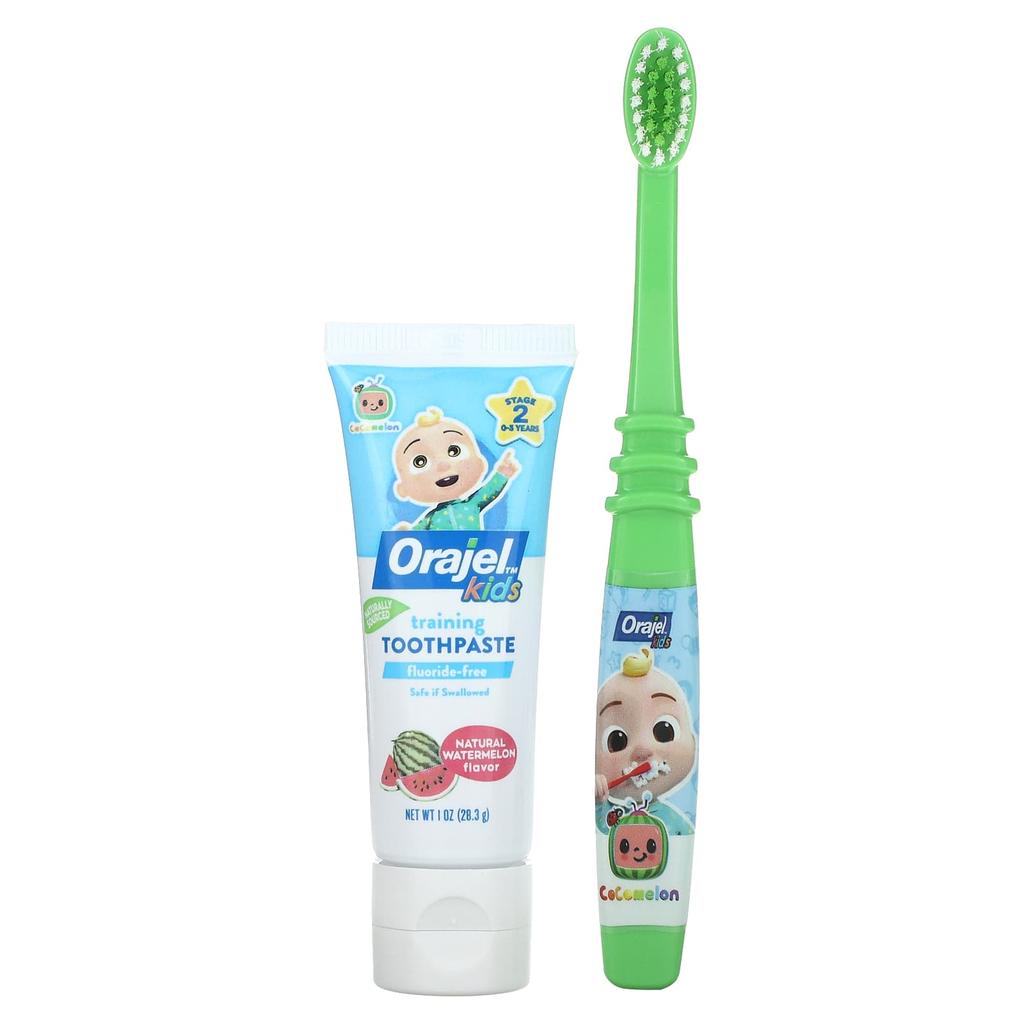 Cocomelon Training Toothpaste for Kids, with Toothbrush, Fluoride Free, Ages 0-3, Watermelon, Set of 2, 28.3G(1Oz)