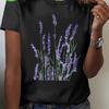 Women's lavender printed short sleeved T-shirt, a casual top with cartoon floral design, machine washable T-shirt for spring, summer, and autumn
