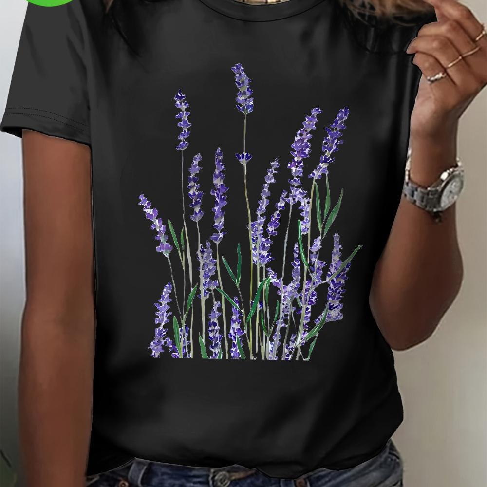 Women's lavender printed short sleeved T-shirt, a casual top with cartoon floral design, machine washable T-shirt for spring, summer, and autumn