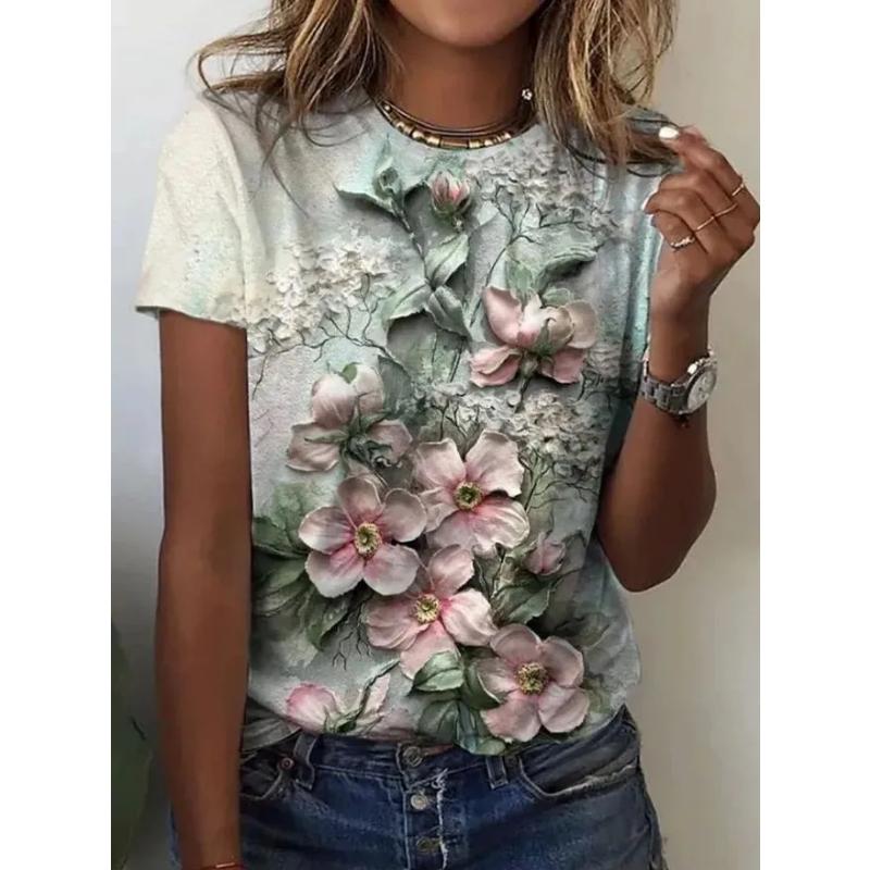 Modisches Damen-T-Shirt mit Rundhalsausschnitt, 3D-Farbdruck
