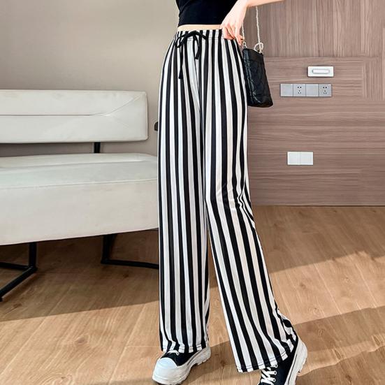 Women Summer Casual Pants Elastic Waist Adjustable Tie Straight Wide Leg Long Trousers Camouflage Striped Print Lounge Pants Streetwear