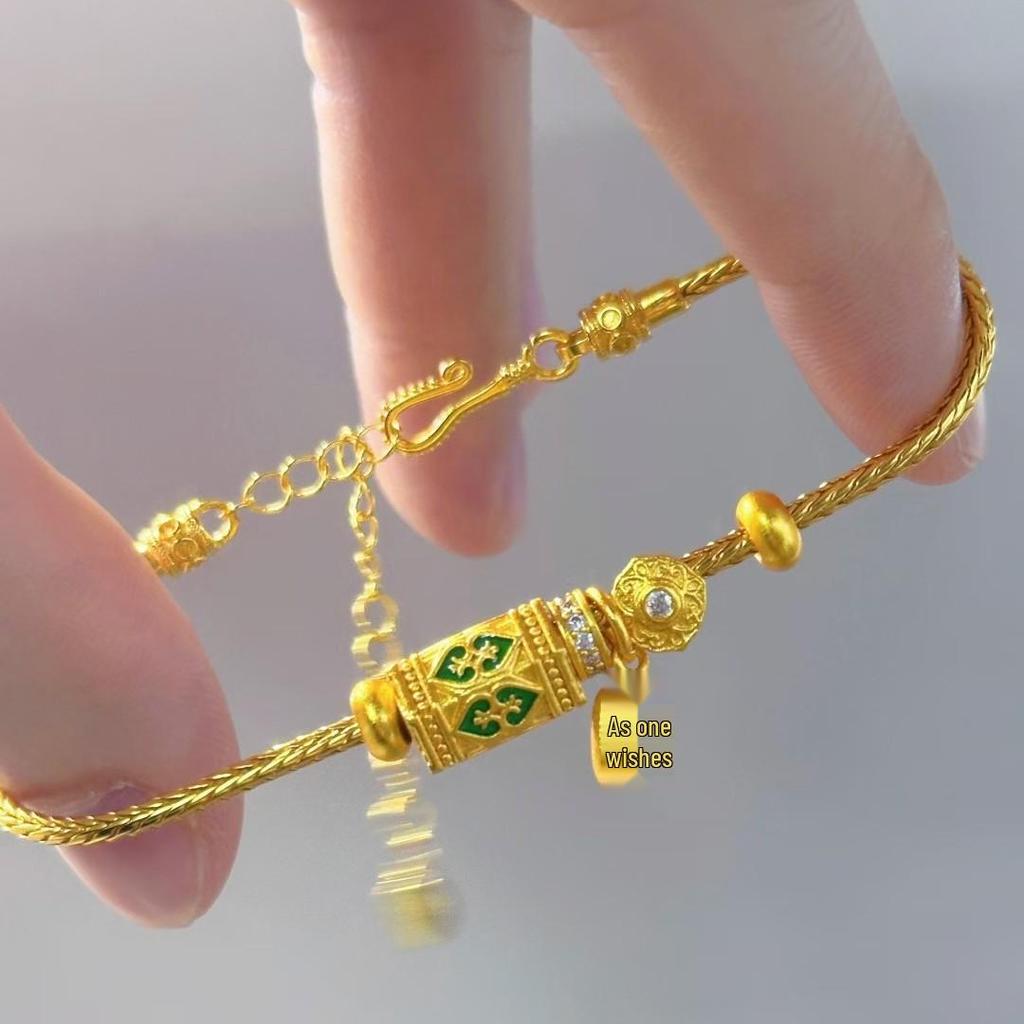 Vietnamese Gold-Enamel Coiled Bracelet: Chinese Retro Ethnic Style with Auspicious Words and Beaded Square Charm.