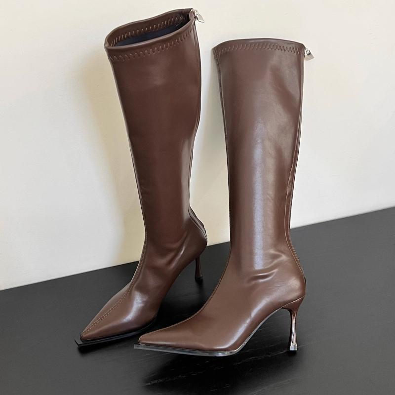 2025 New Women's High Heels Pointed Knee-length Female Boots Comfortable Stiletto Heel Soft Leather Women Shoes Zapatos De Mujer